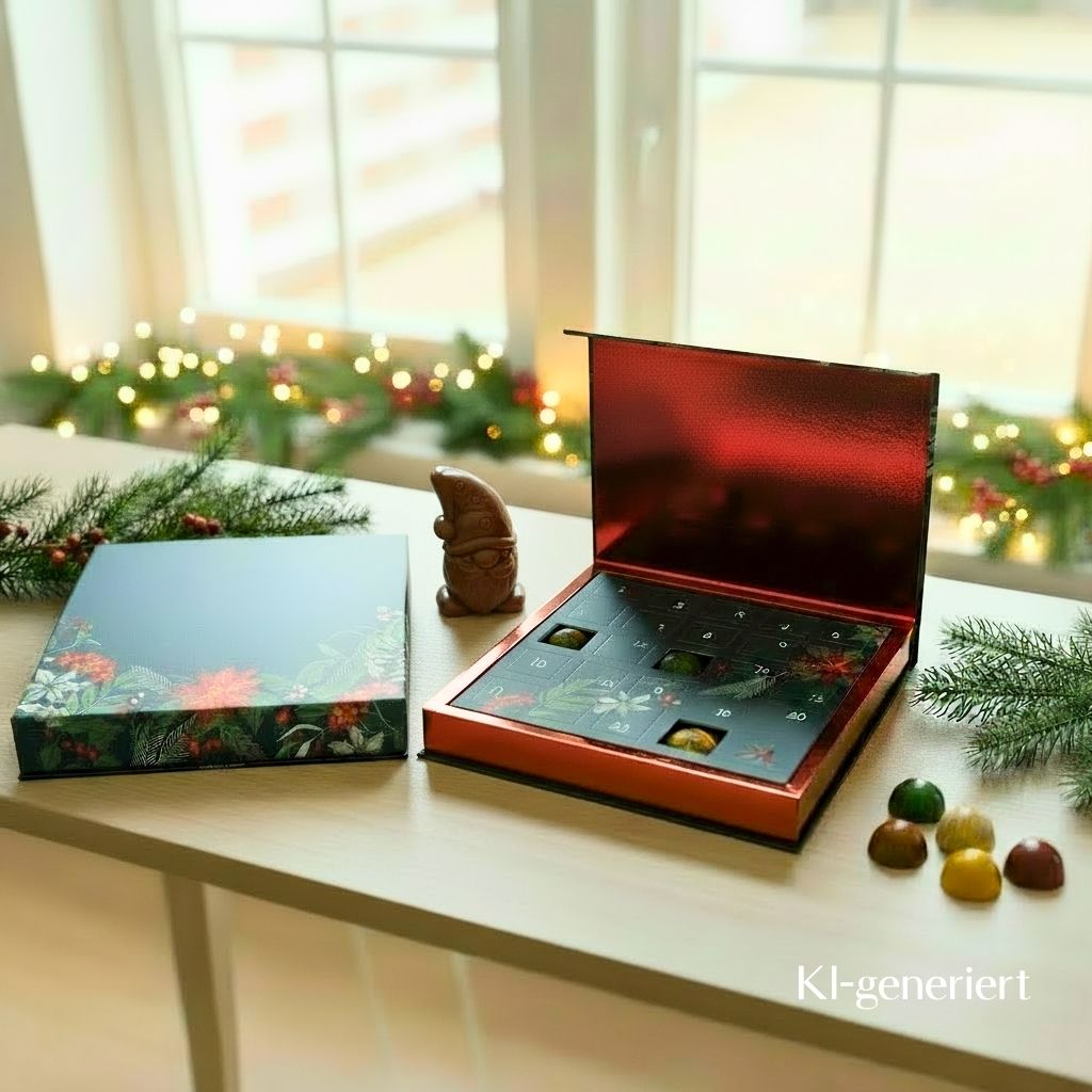 Pralinen-Adventskalender mit 24 Pralinen - das Bild ist KI-generiert
