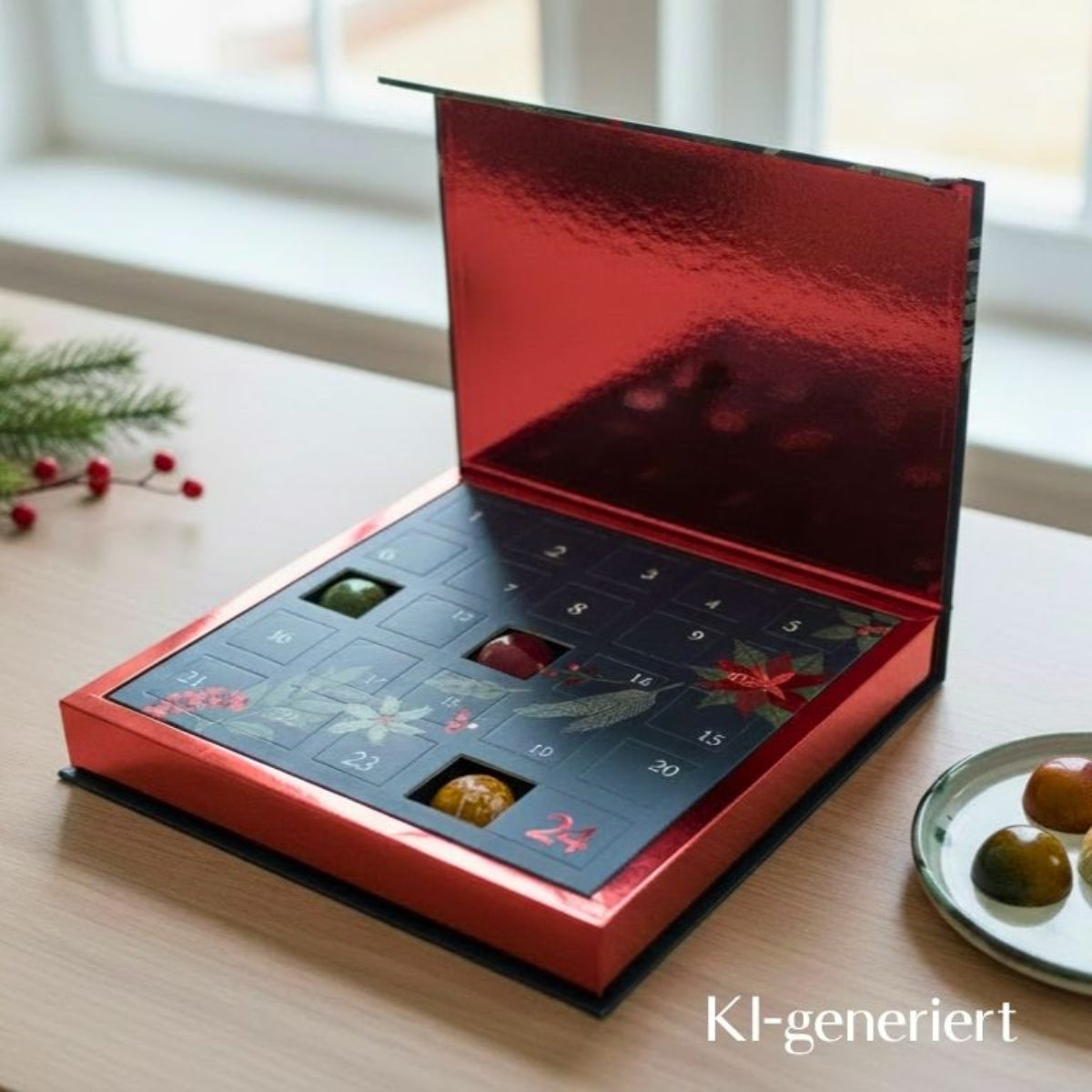 Unser Pralinen-Adventskalender ist dieses Jahr in edlem Rot mit aufklappbaren Deckeln. Das Bild wurde KI-generiert.